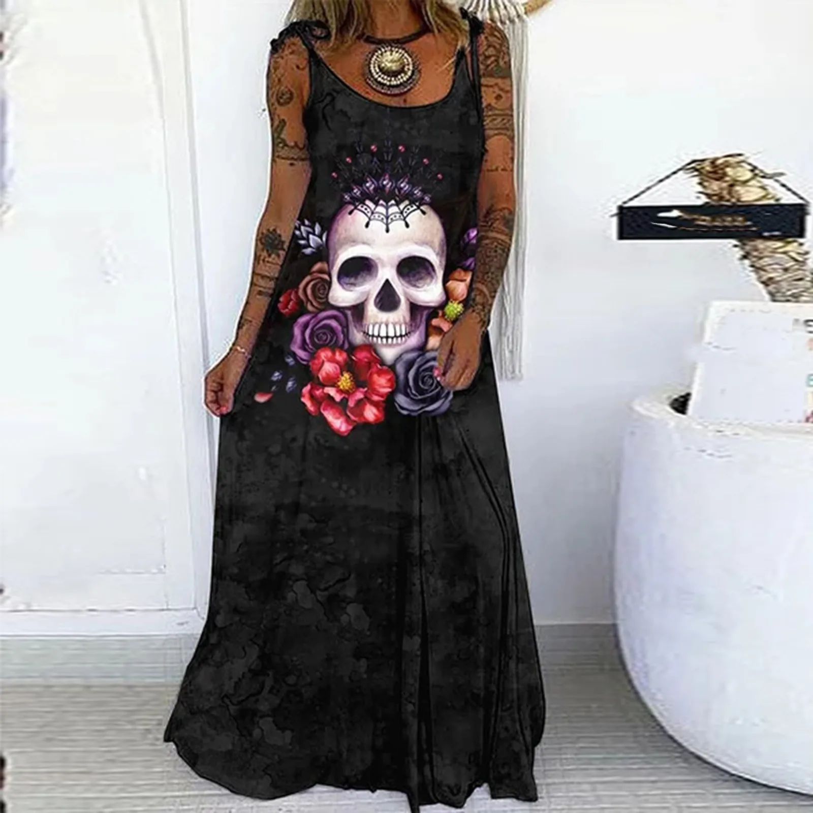 

Women Summer Dresses of 2021 Hillsionly Plus Size Women Fashion Halloween Skull Print Party Sleeveless Pullover Patry Dress Best