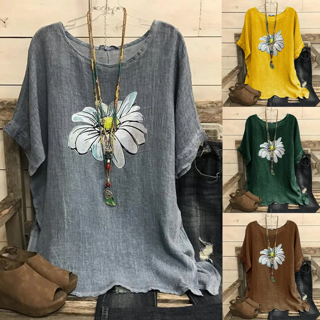 Женская винтажная блузка из смесовой хлопка с круглым вырезом и коротким рукавом