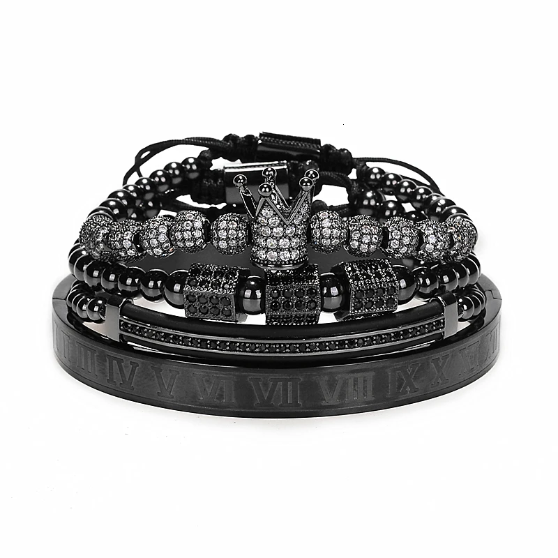 Black Set B Роскошный Римский Королевский браслет с шармом с короной Мужская мода Золотой Плетеный Регулируемый мужской браслет для хип-хопа ювелирный подарок - Окраска металла: Black Set B