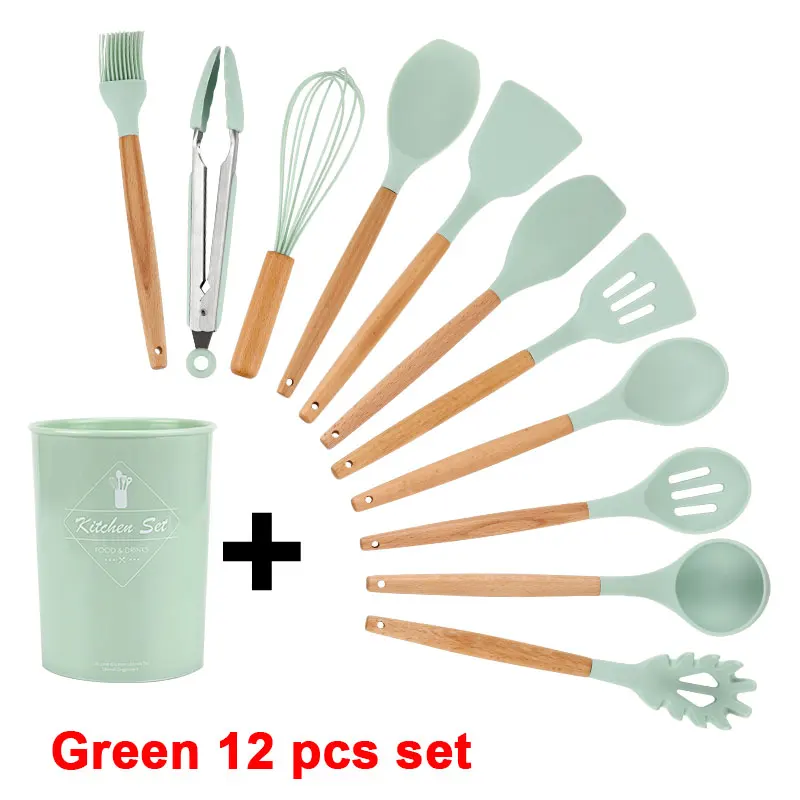 Green 12 pcs set Набор кухонных силиконовых кухонных принадлежностей с антипригарным шпателем лопата с деревянной ручкой набор кухонных инструментов с ящиком для хранения кухонные инструменты - Цвет: Green 12 pcs set