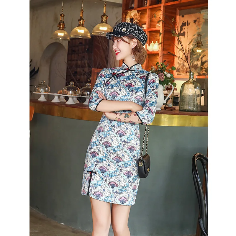 

Vintage Button Exquisite Suede Fabric Novelty Qipao Young Lady Sexy Slim Mini Cheongsam Elegant Mandarin Collar Chinese Dress