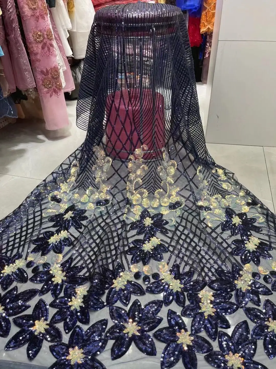 

Синяя африканская кружевная ткань 2021, Высококачественная нигерийская Кружевная Ткань 5 ярдов, французское кружево с блестками для свадебно...