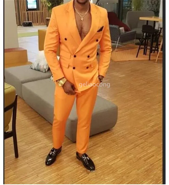 

Custom Made Double Breasted Men Suits Peak Lapel Groom Tuxedos Orange Wedding Party Prom Best Man groom suit (Jacket+Pants+Tie)