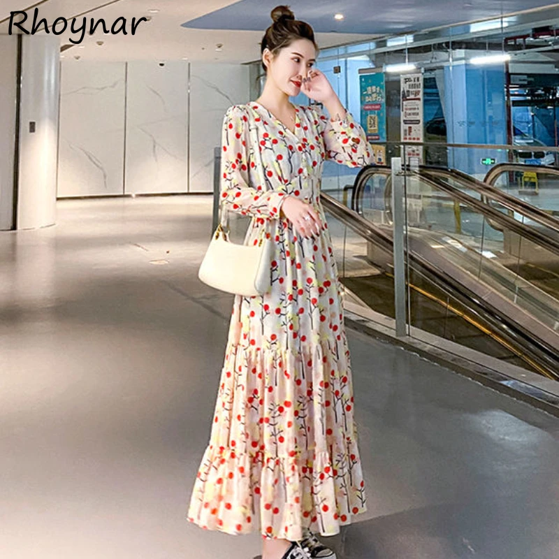 

Dress Women Floral Elegant Fashion Tender Ankle-length Long Sleeve Autumn V-neck Casual Empire Female Girls French Style Vestido
