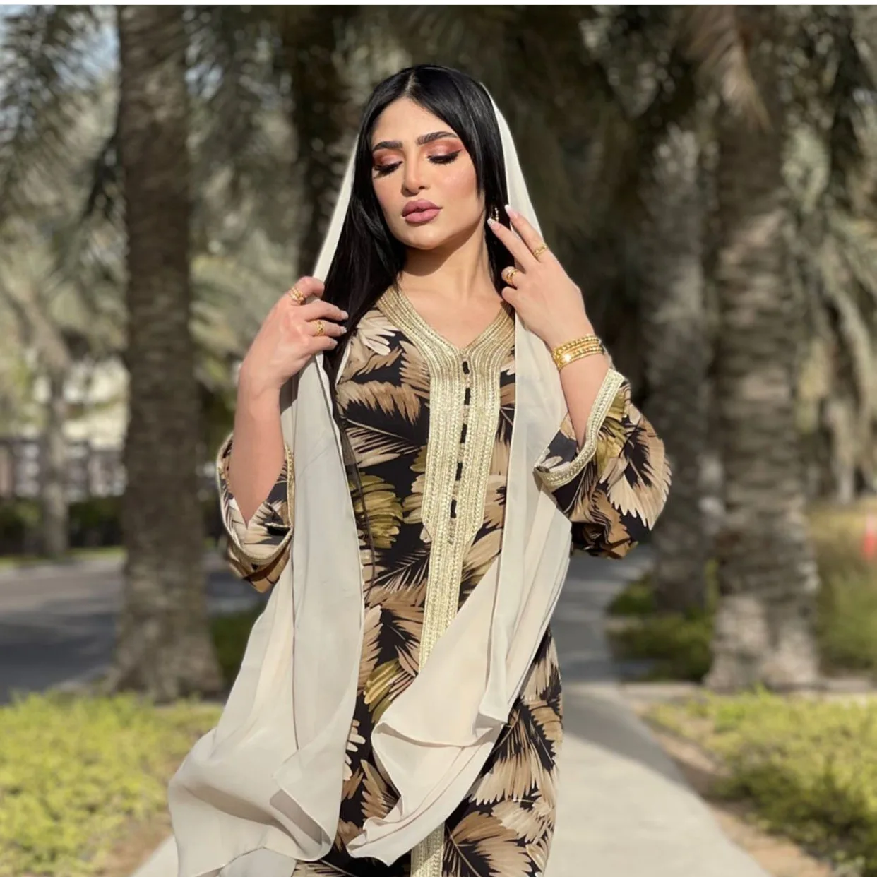 Фото Мусульманское Цветочное платье Jalabiya свободный хиджаб Рамадан 2021 Дубай абайя