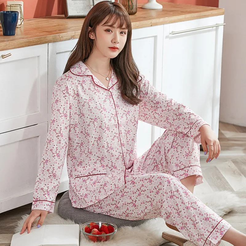 Autumn Ladies Pajamas Cotton Long-sleeved Trousers Two-piece Women's Casual Loose Plus Size Home Wear Fashion Trend Pajamas