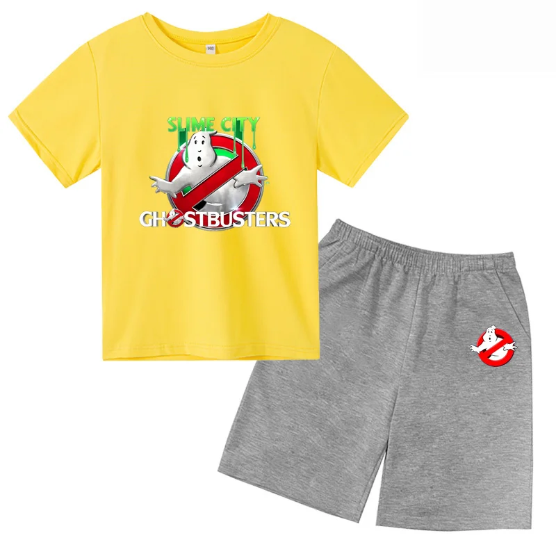 

Cotton Ghostbusters Tshirt Kids Children's Short Sleeved T-shirt and Pants Two-piece Set Summer Clothes for Boys and Girls