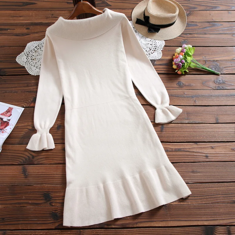 Абрикосовое зеленое трикотажное платье свитер осенняя и зимняя одежда женские