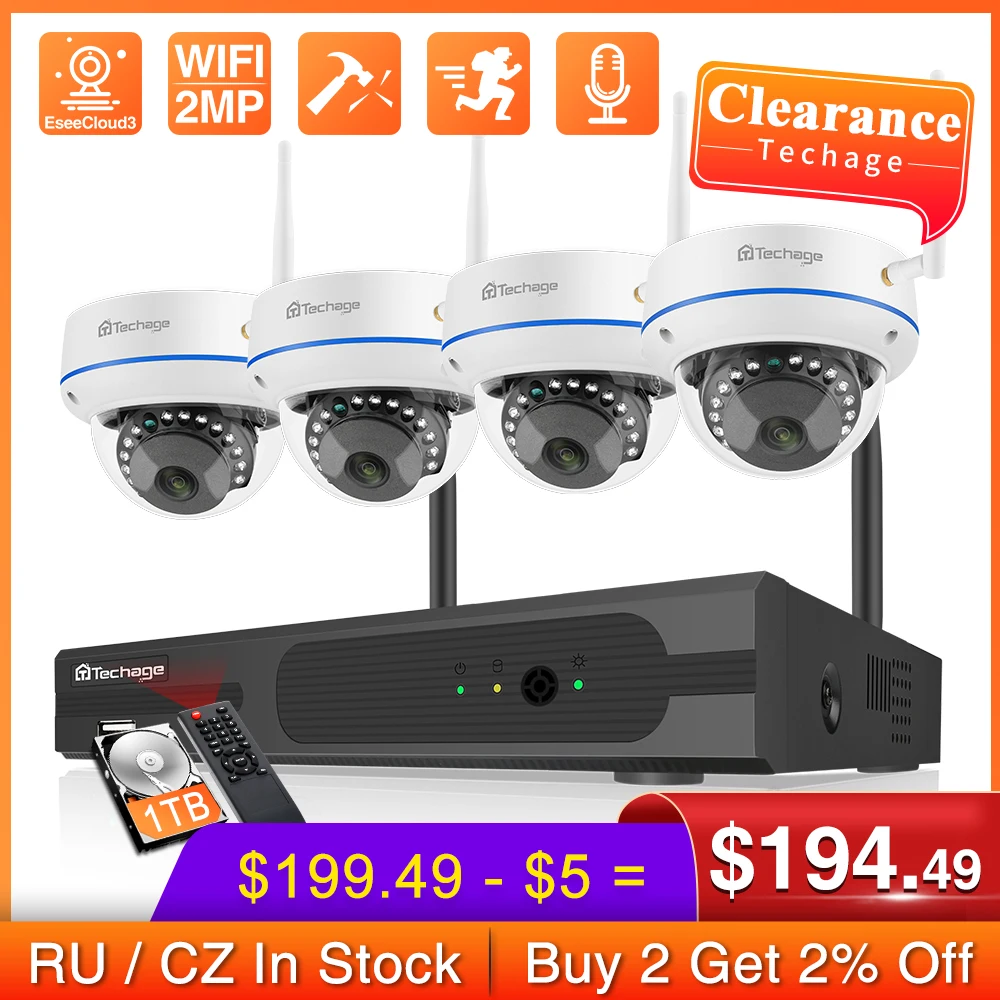 Techage 8CH 1080P Беспроводной NVR Kit H.265 2MP видеонаблюдения анти вандальная купольная IP Wi Fi