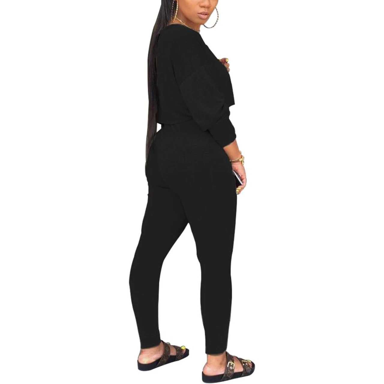 

New Arrival Autumn 2 Pcs Women Solid Color Outfits Long Sleeve Round Neck Crop Top + Side Pocket Trousers