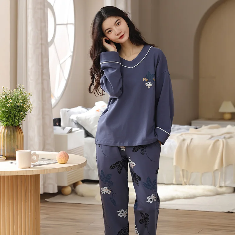 5XL 4XL M-3XL Comfortable Cotton Pajamas Women Korean Fall Winter Home Clothes Long Sleeve Bottoming Shirt + Pant 2 Pieces Set