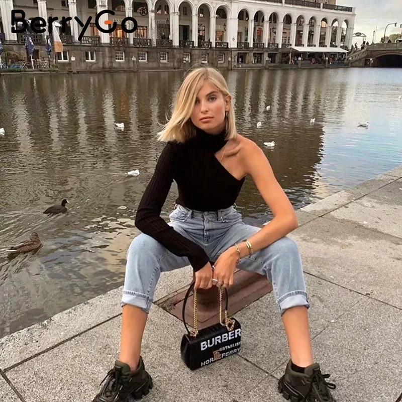 BerryGo сексуальный белый пуловер на одно плечо свитер для женщин осенняя водолазка