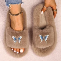 womens slippers fluffy flip flops chic butterfly furry slides luxury designer slippers flat faux fur sandals platform fur shoes