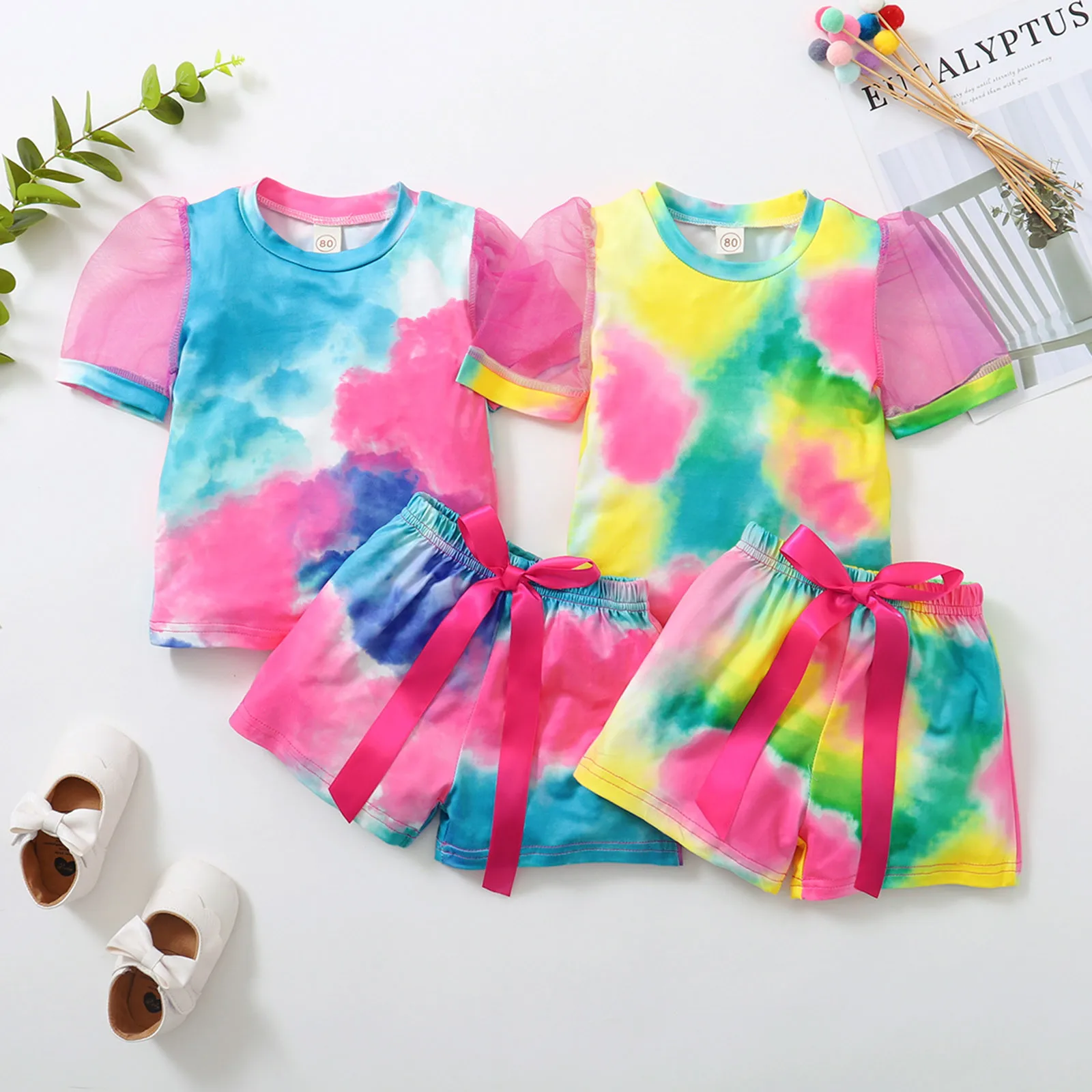 

Baby Girls Clothes Suit Short Sleeve Rainbow Tie-dyed Printed Tops+shorts Outfits 6 9 12 18 24 36 Month Newborn Girl Clothing