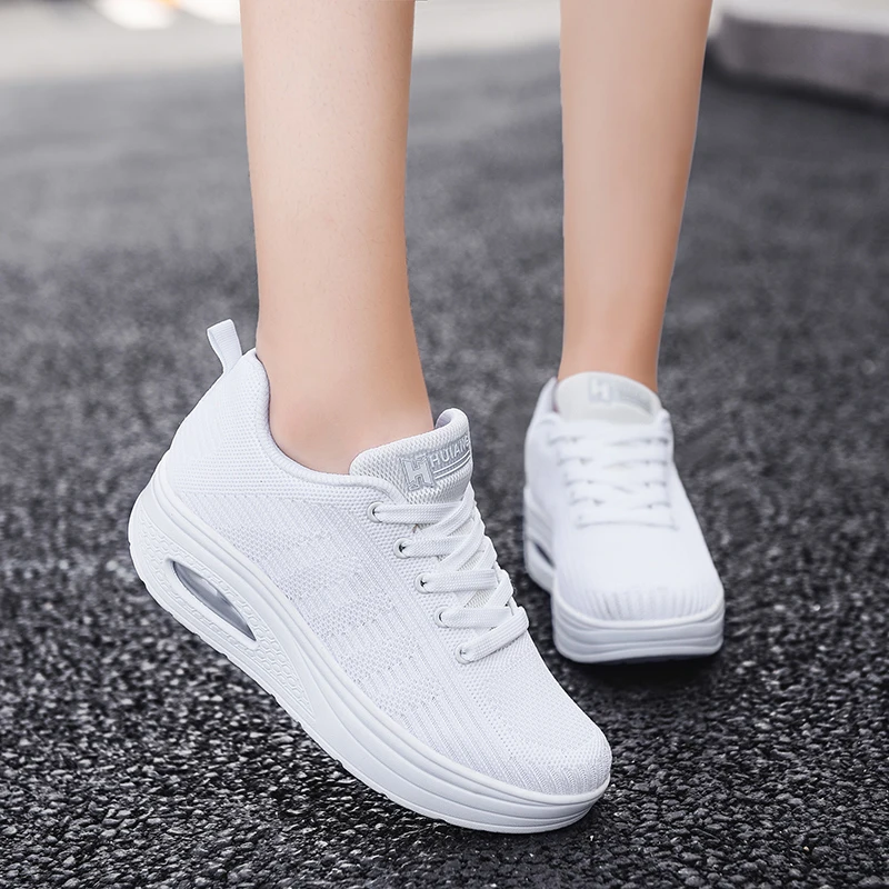 Women Running Shoes Height Increasing Platform Sneakers Woman Breathable Air Cushion Lace-up Slimming Shoes