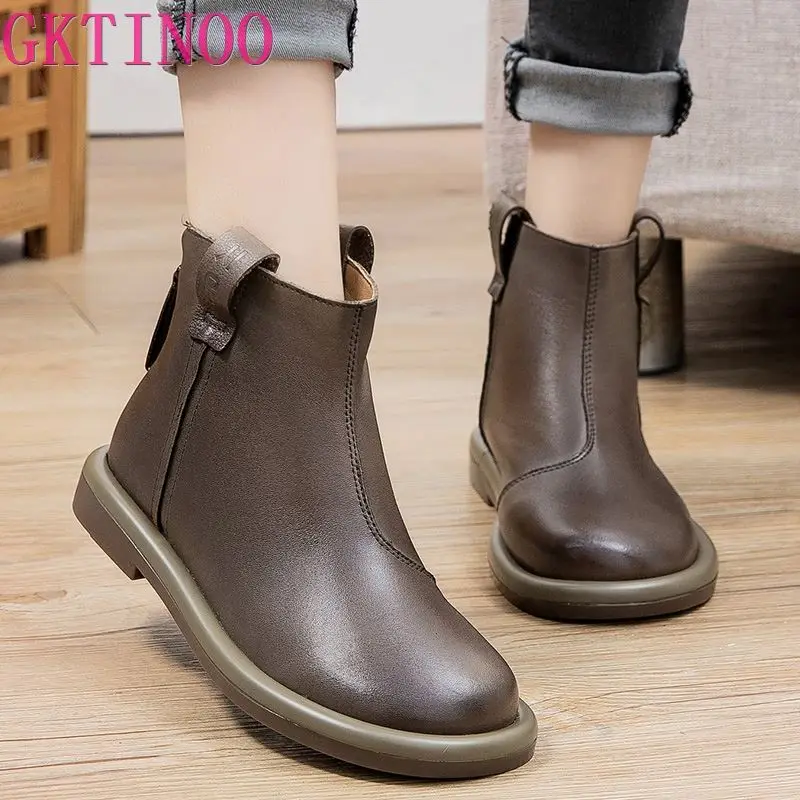 

GKTINOO Winter Warm Ankle Boots Platform Women Cow Leather Chelsea Boots Round Toe ZIP Thick Sole Ladies Shoes Handmade