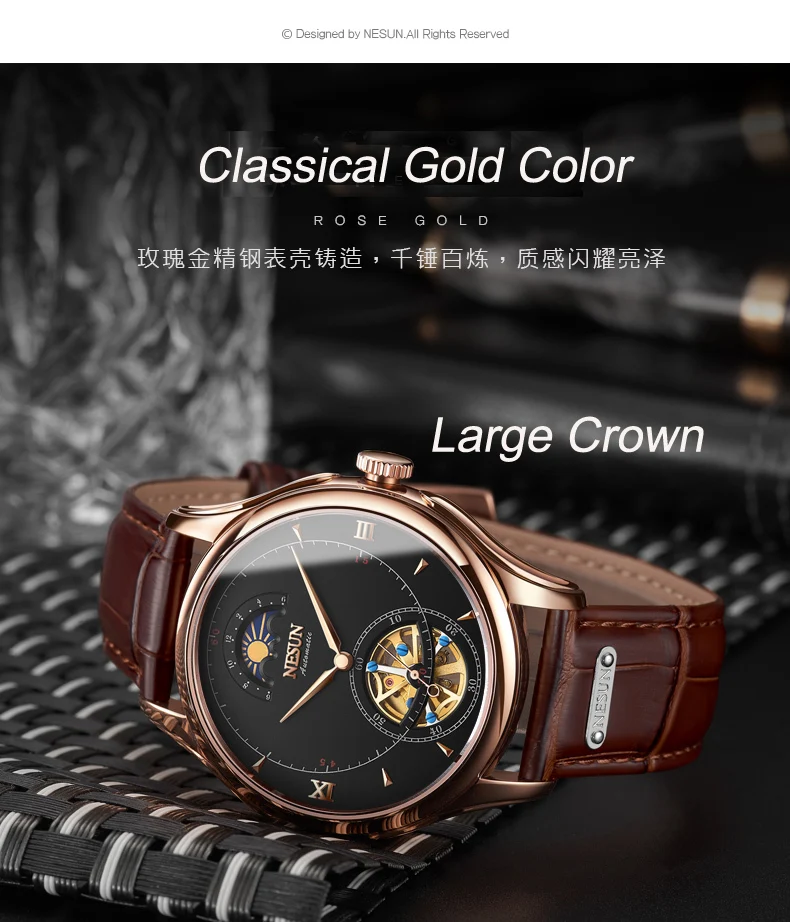 Nesun Tourbillion автоматические механические мужские часы с скелетом, роскошные Брендовые мужские часы, водонепроницаемые мужские часы, N9038-4