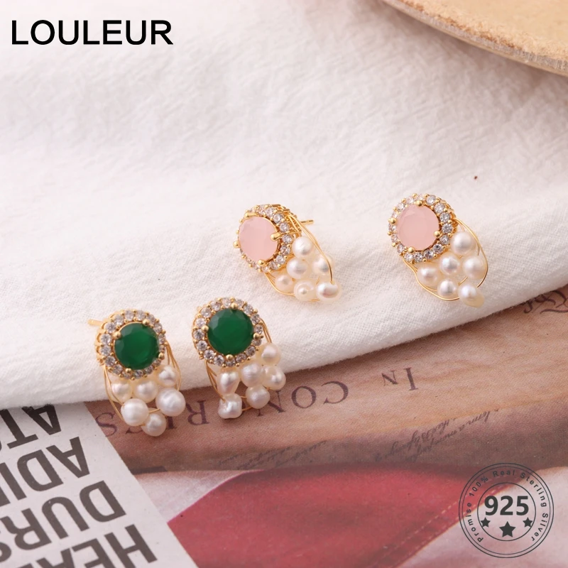 Женские серьги гвоздики с натуральным жемчугом LouLeur элегантные ручной работы из