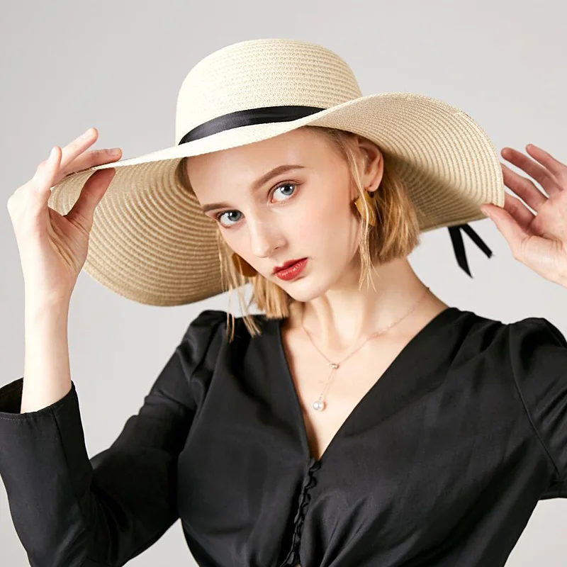 Женская соломенная шляпа с широкими полями складная пляжная защитой от УФ лучей