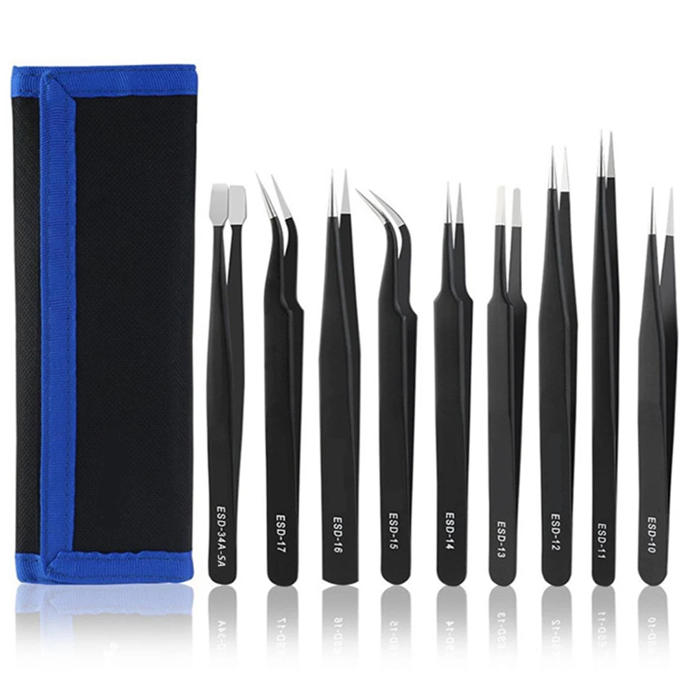 Набор антистатических пинцетов 9 шт. высокоточный изогнутый Прямой пинцет из