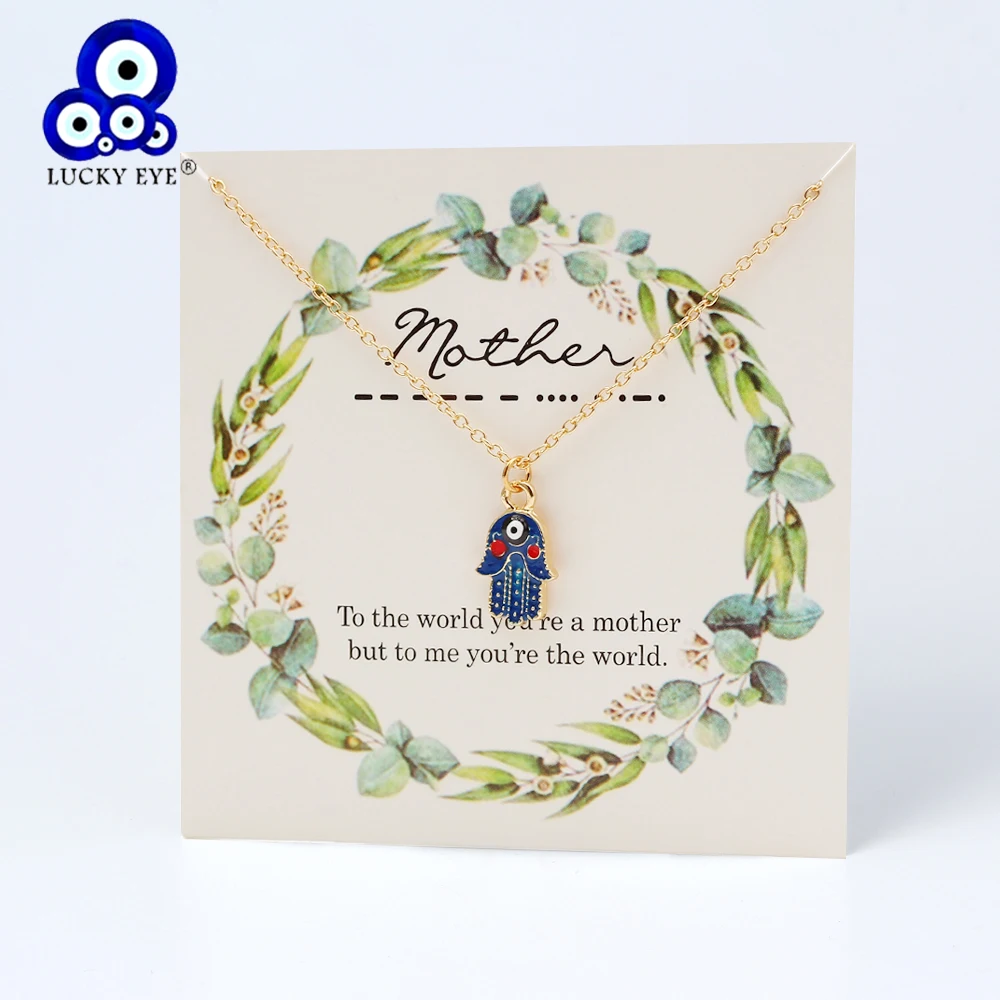 Ожерелье Счастливый глаз с подвеской Хамса изображением пожеланий сглаза