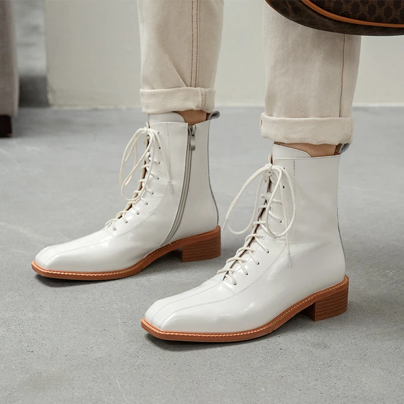 

MORAZORA 2021 New Ankle boots genuine leather women boots med heels square toe lace up ladies shoes autumn winter boots