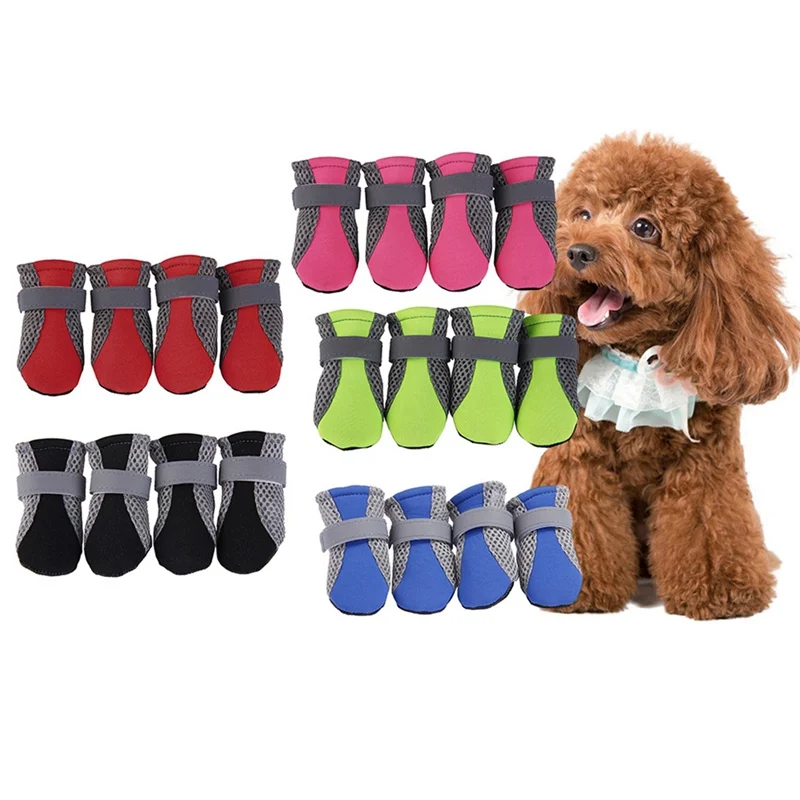 

4Pcs/set Breathable Dog Shoes Anti-slip Pet Boots Paw Protector Reflective Straps Dog Teddy Comfortable Net Shoes