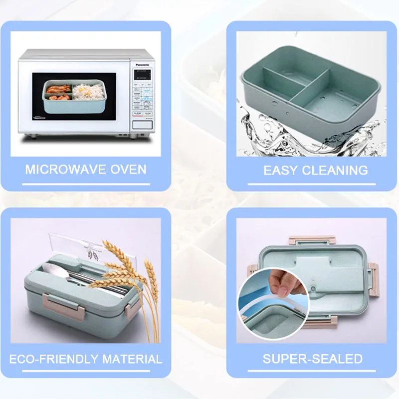 1.1L Ланч бокс 3 слоя пшеничной соломы Bento коробка герметичная микроволновая посуда