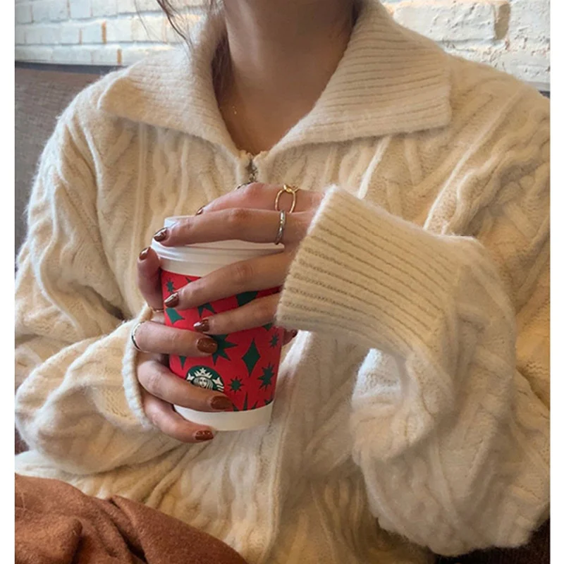 

Lazy style sweater coat women's autumn and winter loose outer wear twist short zipper knitted cardigan thickened versatile top