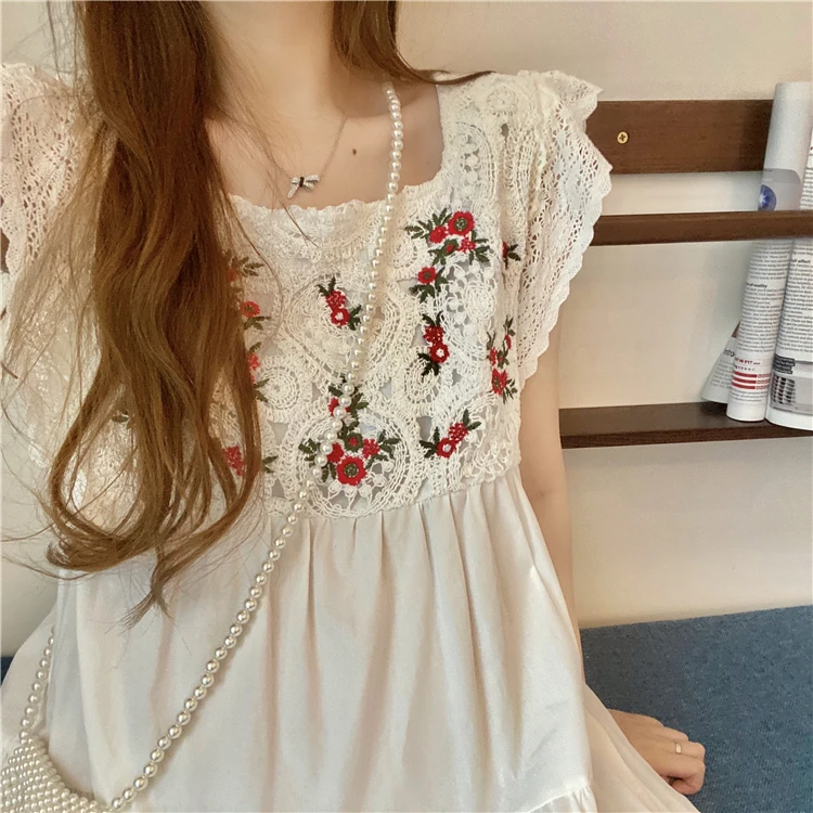 

Sweet Flower Embroidery Women Dress Summer Cute Lace Patchwork White Doll Dresses Female Casual Loose Mini Dress