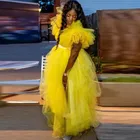 Женские платья с юбкой-пачкой, желтые вечерние из тюля с высоким разрезом и оборками, для выпускного вечера, 2021