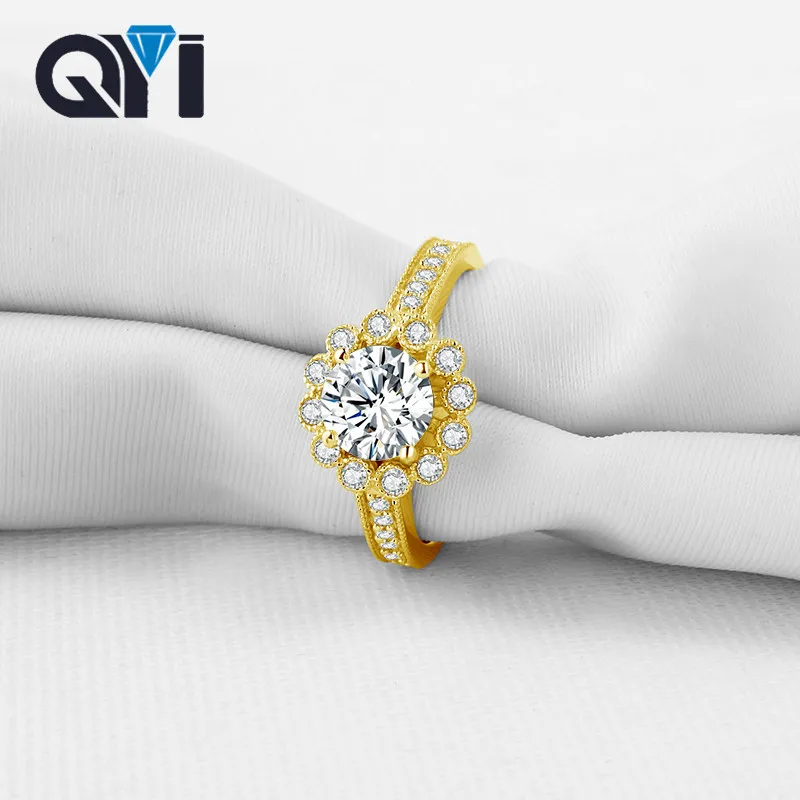 QYI 14K Solid Yellow Gold 1 Carat Round Moissanite Diamond Women Wedding for Engagement Ring Customization Jewelry