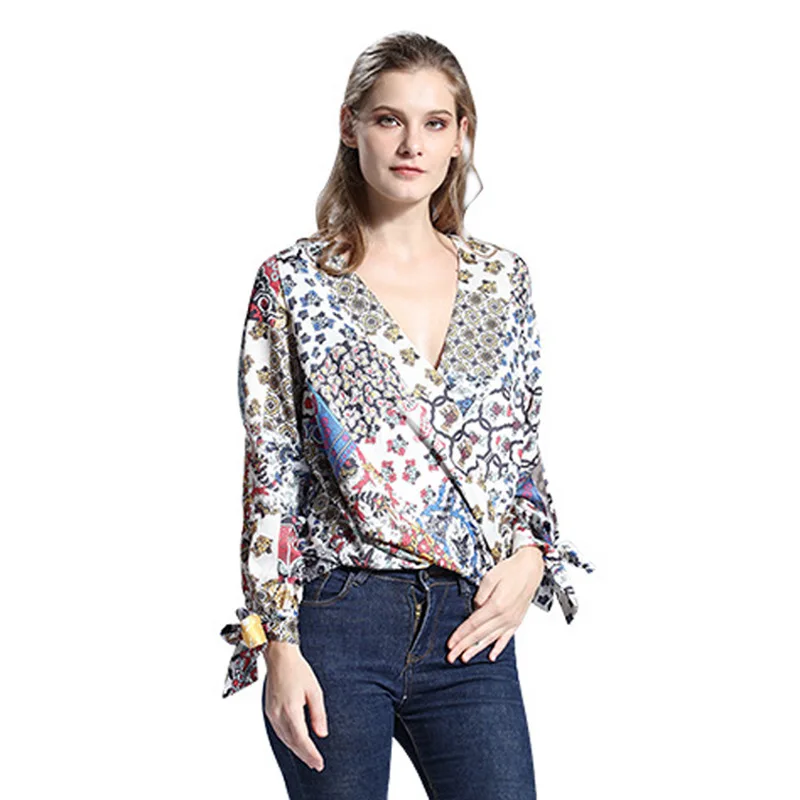 

Leopard V Neck Top Chiffon Top Four Seasons Long Sleeve Shirt for women