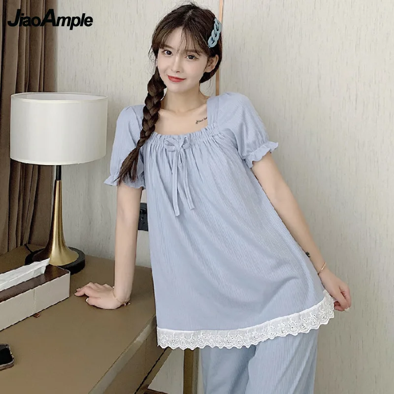 Pajamas Women Summer Autumn Cotton  Short-sleeved Shorts Trousers Pijamas Three-piece Korean Sweet Lace Sexy Nightwear Homewear