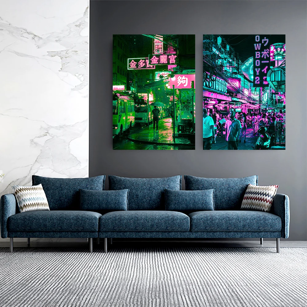 Неоновый уличный постер в виде ночного города стиле 80-х годов Постер вейпорвейв