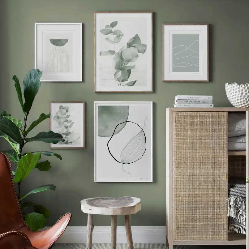 Абстрактная линия гор Геометрия листья эвкалипта скандинавский плакат