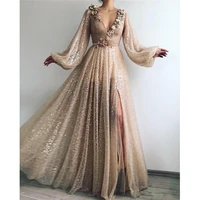 shiny gold sequins tulle prom dresses long sleeve v neck sexy split formal evening party gowns abendkleider cheap custom made