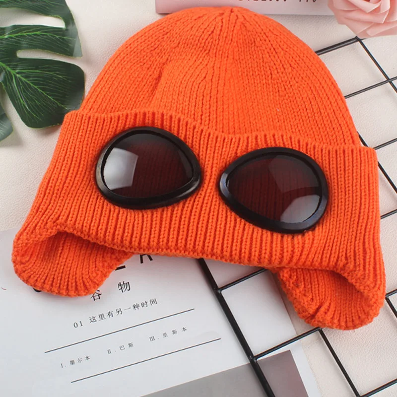 Оранжевый Moveable Glasses Warm Fleece Lined Women Snow Hat Knitted Winter Cap Cover Ears Orange Yellow Purple Blue Black White Green - Цвет: Оранжевый