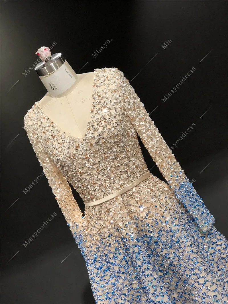ElieSaab 2021 Champagne Blue Evening Dress Real Photo High Quality Customized Long Sleeves Short Length Prom Party Dancing Dress
