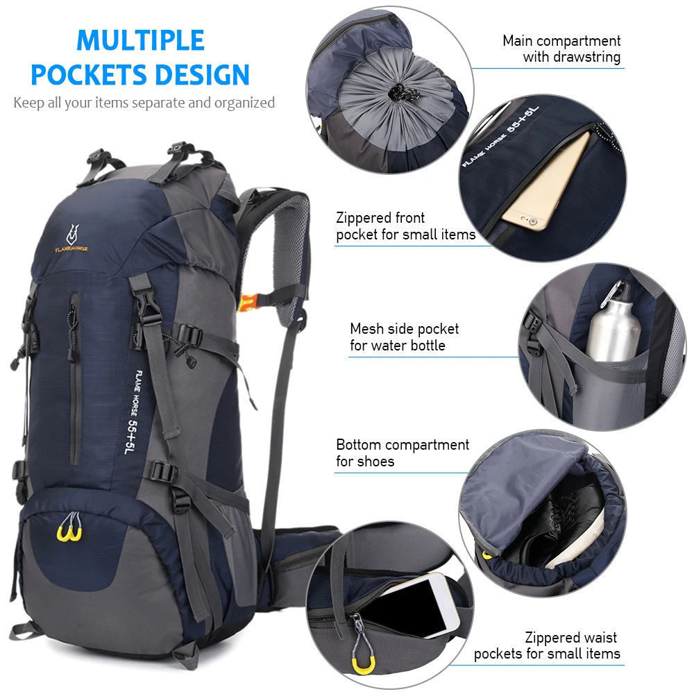 

60L Hiking Backpack Water-resistant Outdoor Sport Trekking Mountaineering Travel Backpack with Shoe Compartment for Unisex