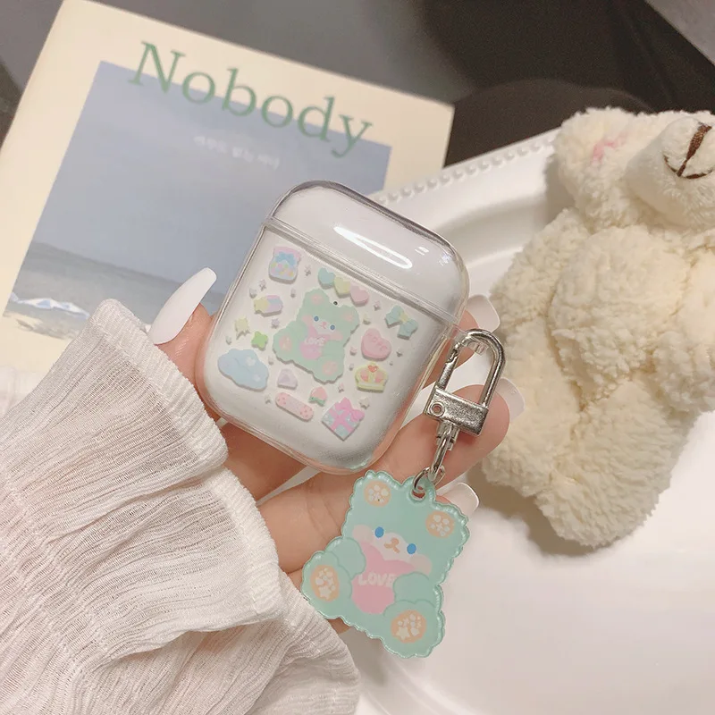 

Cartoon bear Pendant hard pc for airpod pro case Keychain transparent cute for airpod 1 2 3 cover INS Wireless bluetooth capa