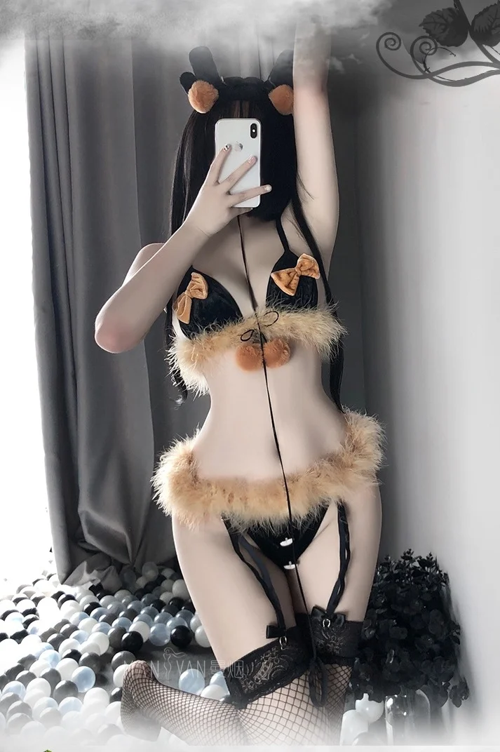 

Cute Plush Three-point Elk Uniform Bunny Girl Acting Bra and Garter Set Costumes for Women Adult Stripper Outfit Maids Outfit