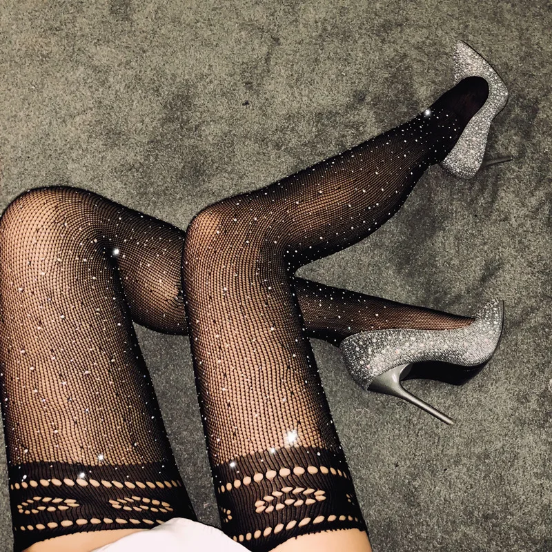 Sexy Fishnet Tights Women Glitter Rhinestone Hollow Out Pantyhose Lingerie Drilling Mesh Shiny Female Slim Thin Hosiery | Женская одежда