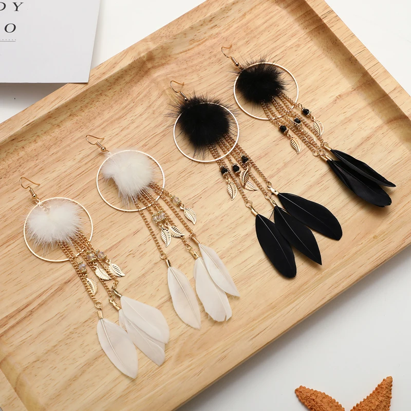 

Fashion Red Feather Earrings Female Big Round Circle Long Tassel Bridal Wedding Earrings Bohemian Boho Women Jewelry