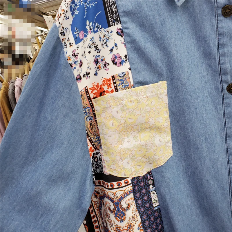 

SeeBeautiful Contrast Color Print Stitching Large Size Denim Shirt Lapel Long Sleeve Women Summer Autumn 2021 New Fashion G225