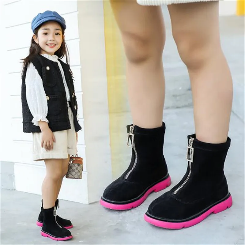 

New Children Ankle Boots Fashion Breathable Flat Casual Girls Boots Princess Side zipper Leather Boots Kids Shoes Baby 02B