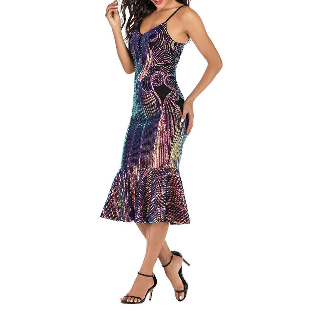 Elegant Cocktail Party Dress Spaghetti Straps Mermaid Sequins Ruffles Tea-Length Nigh Club Backless Purple Dresses |