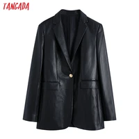 tangada women vintage black faux leather blazer female long sleeve elegant jacket ladies blazer suits be410
