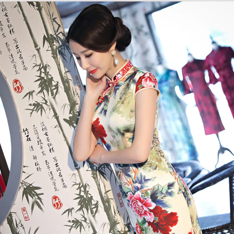 Sheng Coco женское мини платье Чонсам Новое шелковое повседневное тонкое платье Qipao пион с цветочным принтом мини китайское платье