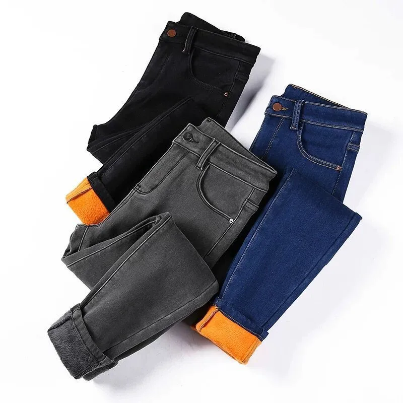 

Women Winter Fleeces Jeans Pants 2019 Candy Color Solid Warm Jeans Female Fashion Thickening Denim Pencil Pants Streetpant P9160